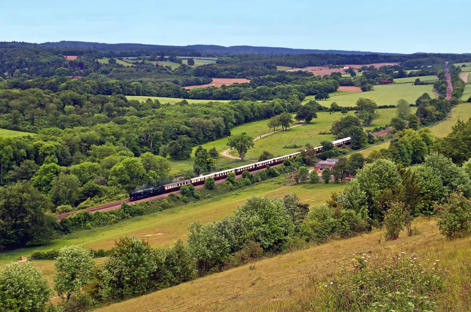 British Pullman steam trip viewed from the Surrey hills